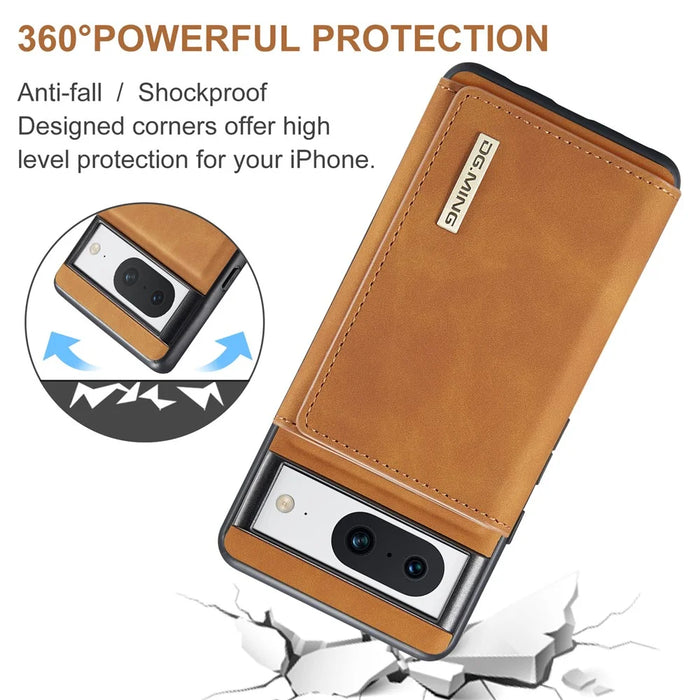DG.MING M1 Series For Google Pixel 8 Magnetic Wallet Kickstand Phone Case Anti-drop PC+TPU+Leather Coated Back Cover - Brown - 6
