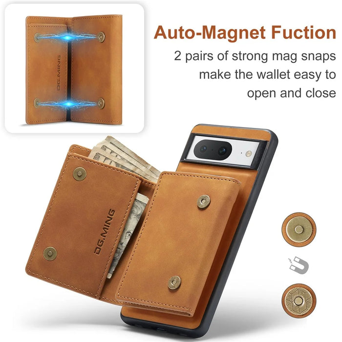 DG.MING M1 Series For Google Pixel 8 Magnetic Wallet Kickstand Phone Case Anti-drop PC+TPU+Leather Coated Back Cover - Brown - 7