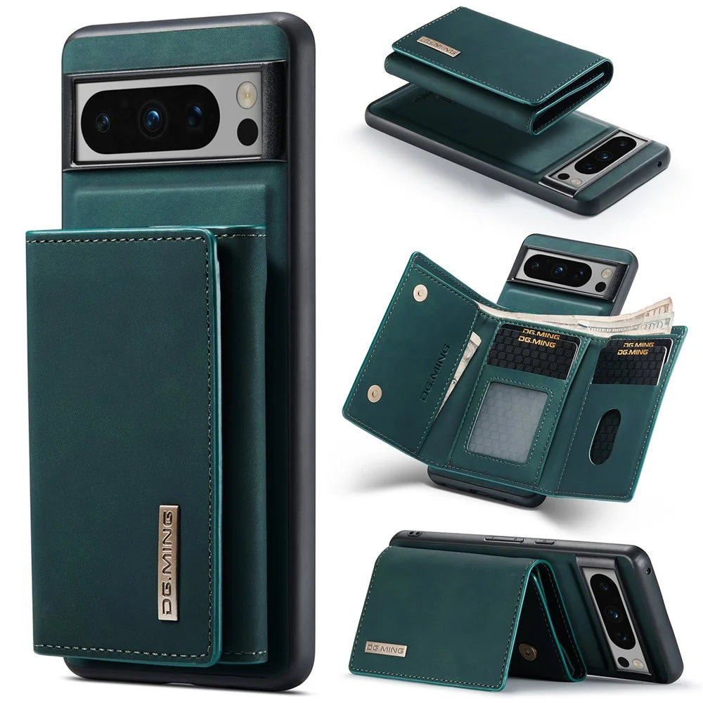 DG.MING M1 Series For Google Pixel 8 Pro Magnetic Wallet Kickstand Phone Case PC+TPU Leather Coated Shockproof Cover - Green - 1