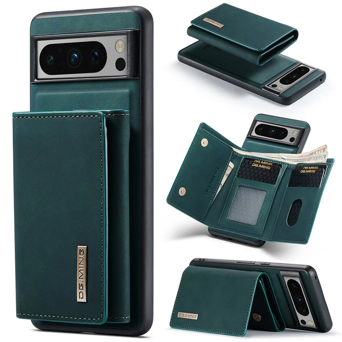 DG.MING M1 Series For Google Pixel 8 Pro Magnetic Wallet Kickstand Phone Case PC+TPU Leather Coated Shockproof Cover - Green - 1