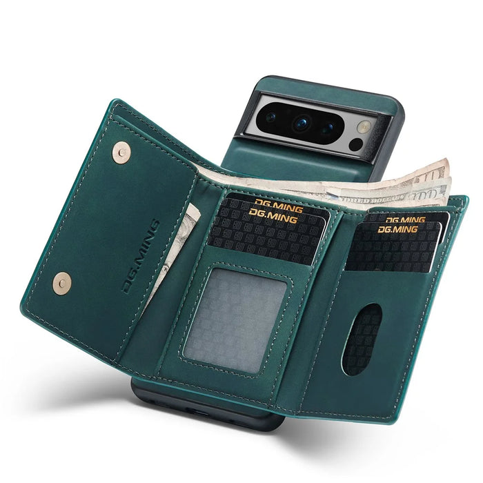 DG.MING M1 Series For Google Pixel 8 Pro Magnetic Wallet Kickstand Phone Case PC+TPU Leather Coated Shockproof Cover - Green - 2