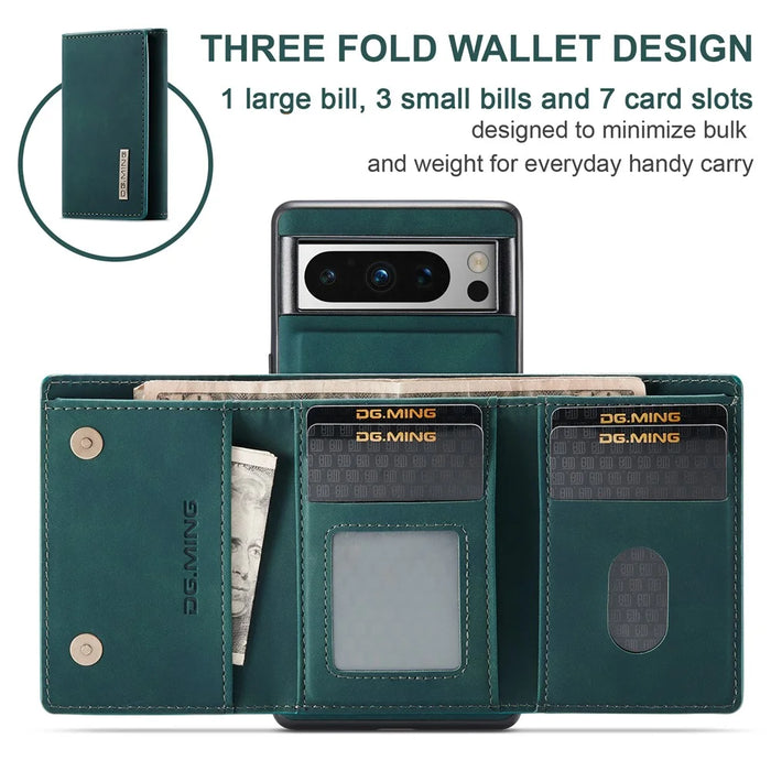DG.MING M1 Series For Google Pixel 8 Pro Magnetic Wallet Kickstand Phone Case PC+TPU Leather Coated Shockproof Cover - Green - 5