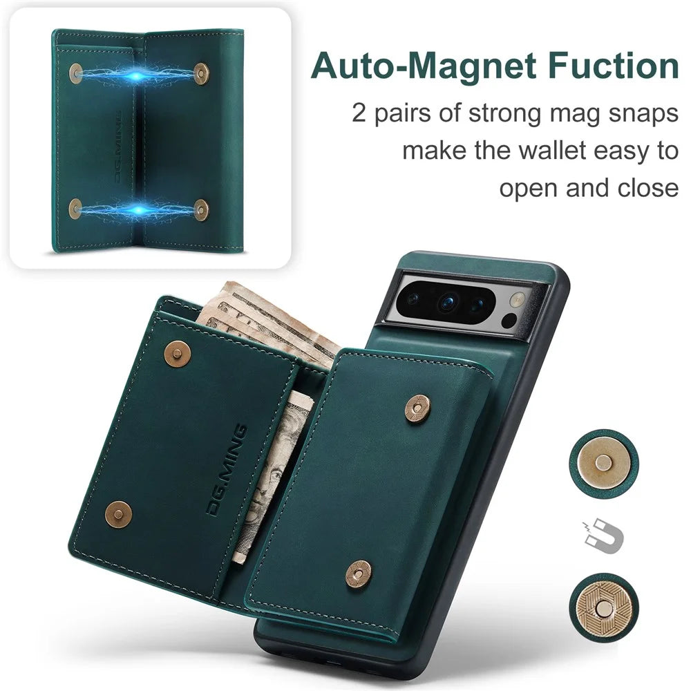 DG.MING M1 Series For Google Pixel 8 Pro Magnetic Wallet Kickstand Phone Case PC+TPU Leather Coated Shockproof Cover - Green - 6