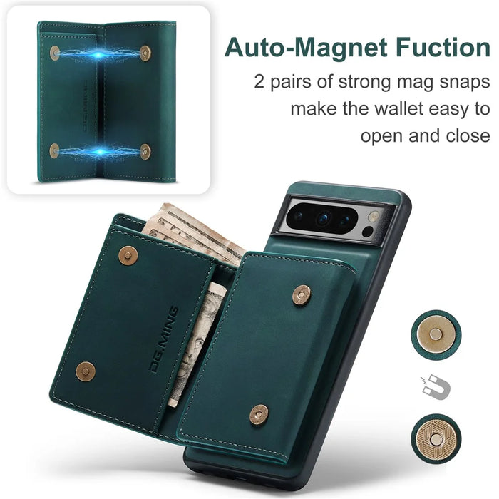 DG.MING M1 Series For Google Pixel 8 Pro Magnetic Wallet Kickstand Phone Case PC+TPU Leather Coated Shockproof Cover - Green - 6