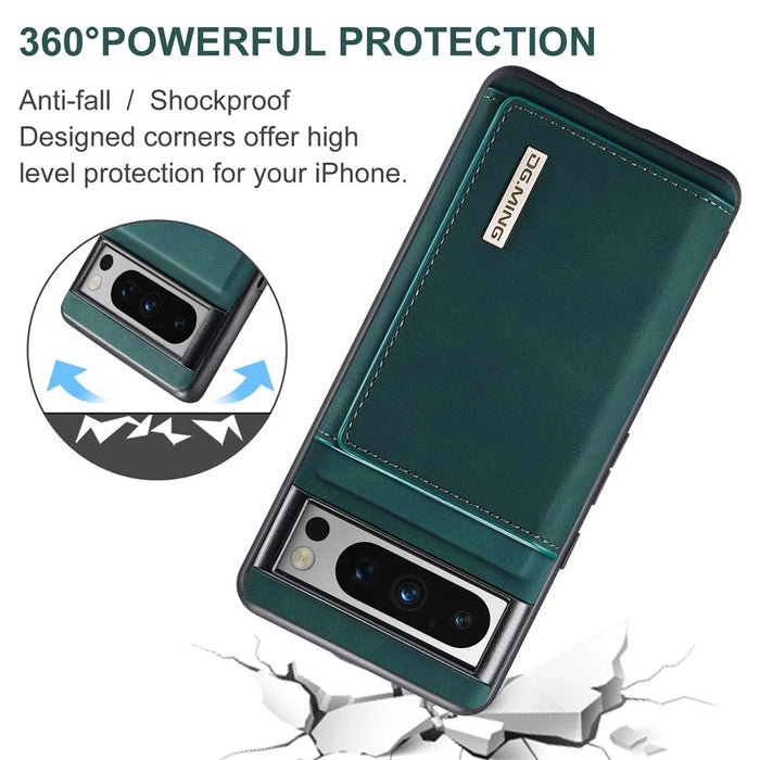 DG.MING M1 Series For Google Pixel 8 Pro Magnetic Wallet Kickstand Phone Case PC+TPU Leather Coated Shockproof Cover - Green - 7