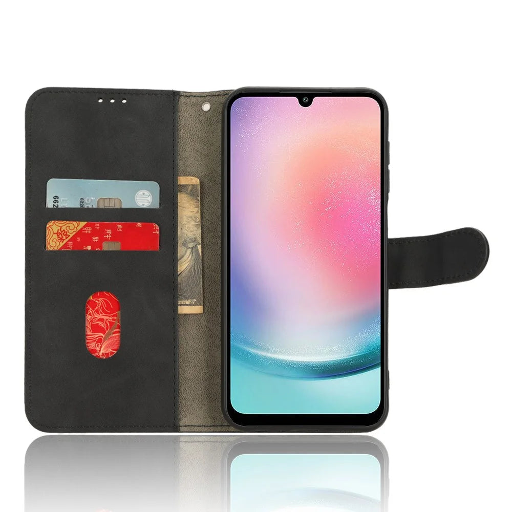 For Samsung Galaxy A24 4G (162.1 x 77.6 x 8.3mm) PU Leather Wallet Cell Phone Cover Anti-Dust Skin-touch Stand Case - Black - 2