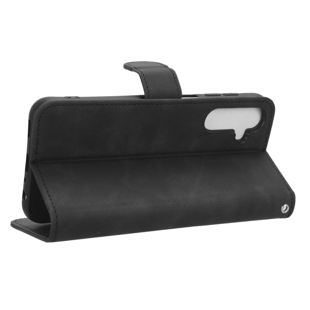 For Samsung Galaxy A24 4G (162.1 x 77.6 x 8.3mm) PU Leather Wallet Cell Phone Cover Anti-Dust Skin-touch Stand Case - Black - 3