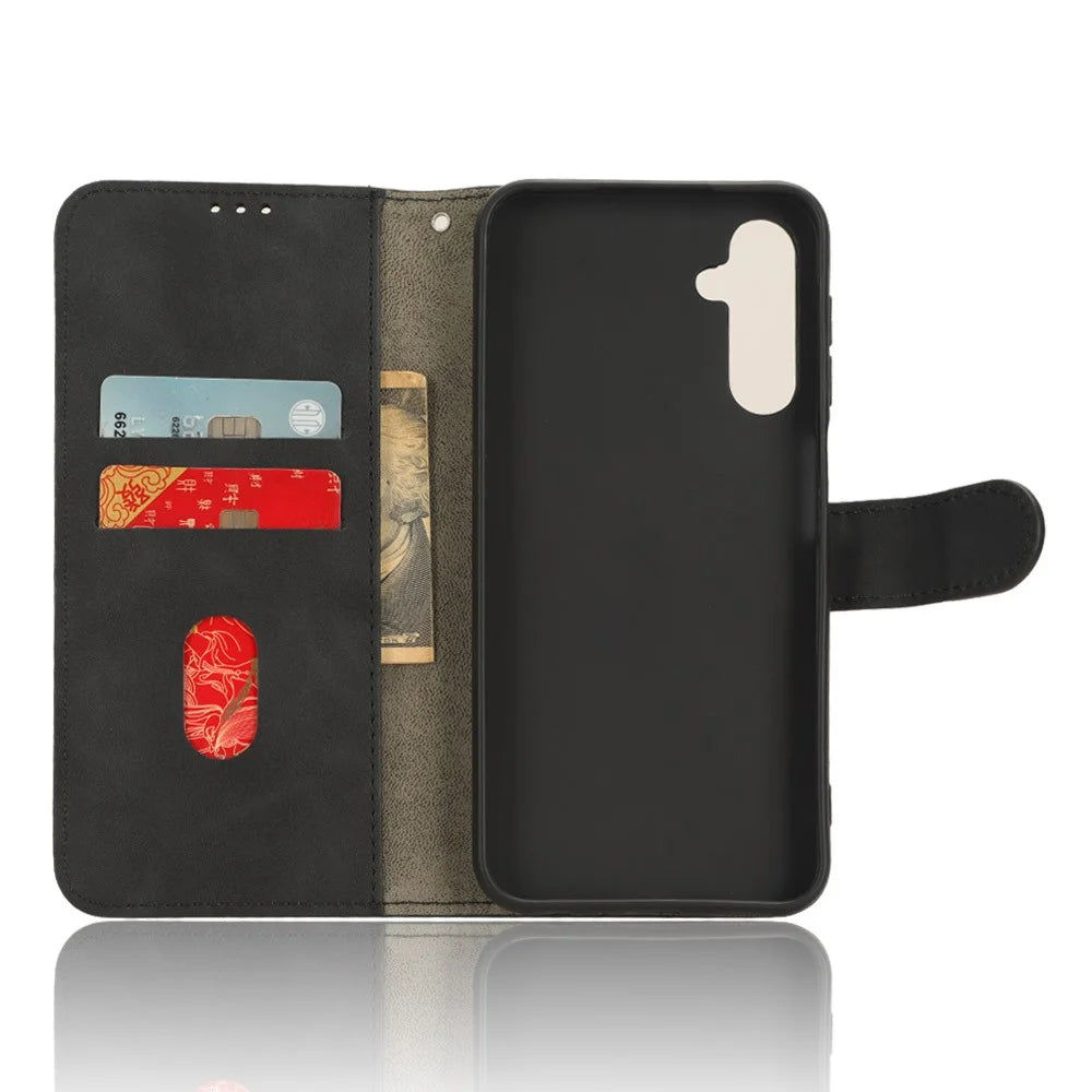 For Samsung Galaxy A24 4G (162.1 x 77.6 x 8.3mm) PU Leather Wallet Cell Phone Cover Anti-Dust Skin-touch Stand Case - Black - 4
