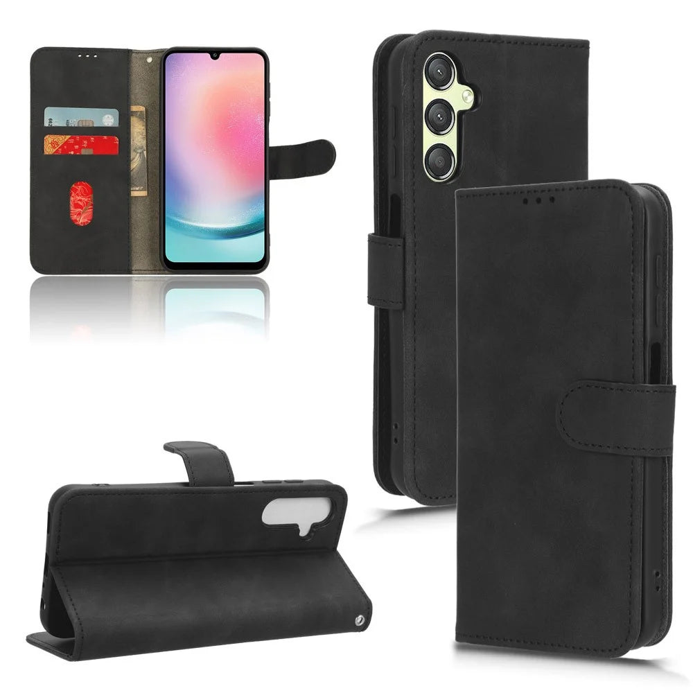 For Samsung Galaxy A24 4G (162.1 x 77.6 x 8.3mm) PU Leather Wallet Cell Phone Cover Anti-Dust Skin-touch Stand Case - Black - 7