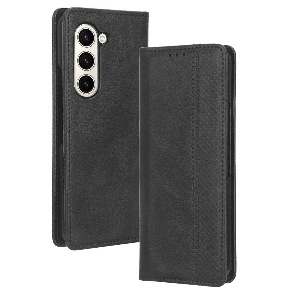 For Samsung Galaxy Z Fold5 5G Retro PU Leather Phone Case Magnetic Closing Stand Phone Cover - Black - 1