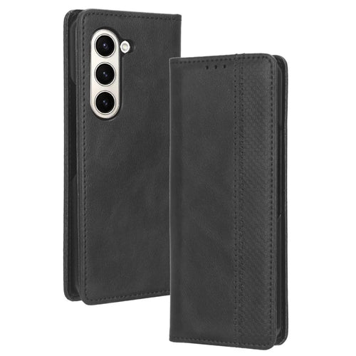 For Samsung Galaxy Z Fold5 5G Retro PU Leather Phone Case Magnetic Closing Stand Phone Cover - Black - 1