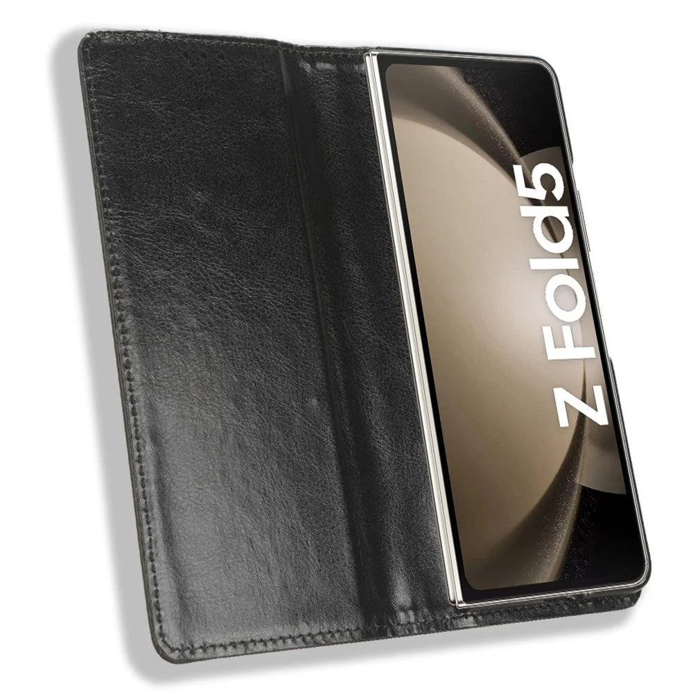 For Samsung Galaxy Z Fold5 5G Retro PU Leather Phone Case Magnetic Closing Stand Phone Cover - Black - 2