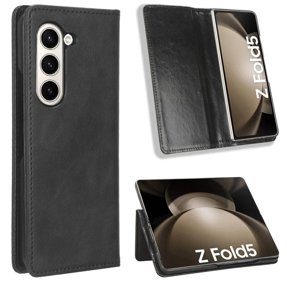 For Samsung Galaxy Z Fold5 5G Retro PU Leather Phone Case Magnetic Closing Stand Phone Cover - Black - 4