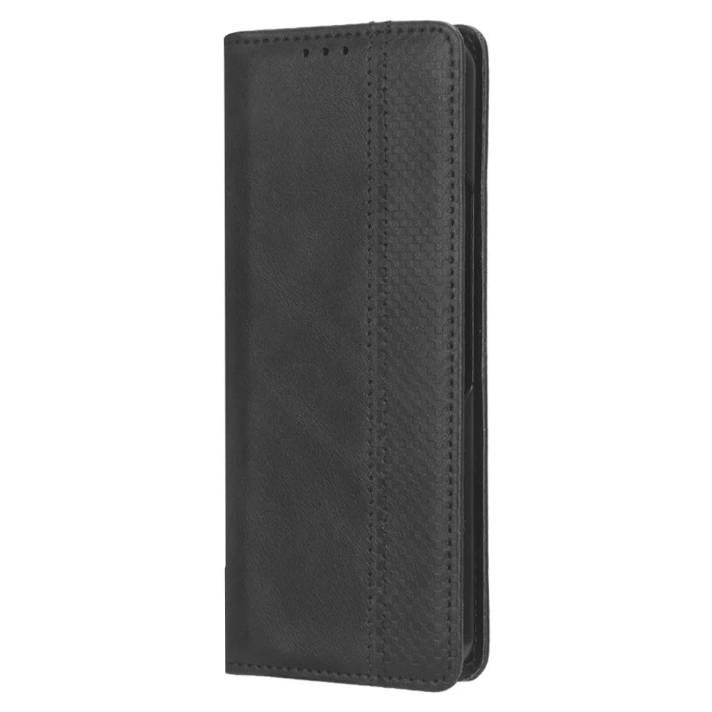 For Samsung Galaxy Z Fold5 5G Retro PU Leather Phone Case Magnetic Closing Stand Phone Cover - Black - 5