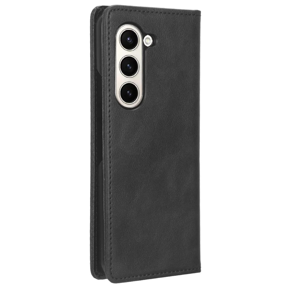 For Samsung Galaxy Z Fold5 5G Retro PU Leather Phone Case Magnetic Closing Stand Phone Cover - Black - 6