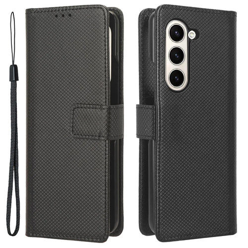 For Samsung Galaxy Z Fold5 5G PU Leather Wallet Case Stand Diamond Texture Phone Cover - Black - 1