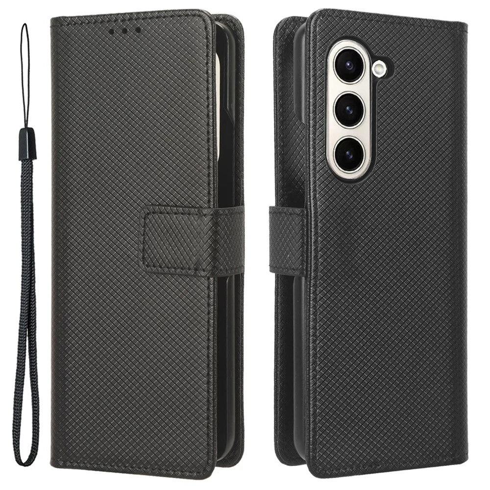 For Samsung Galaxy Z Fold5 5G PU Leather Wallet Case Stand Diamond Texture Phone Cover - Black - 1