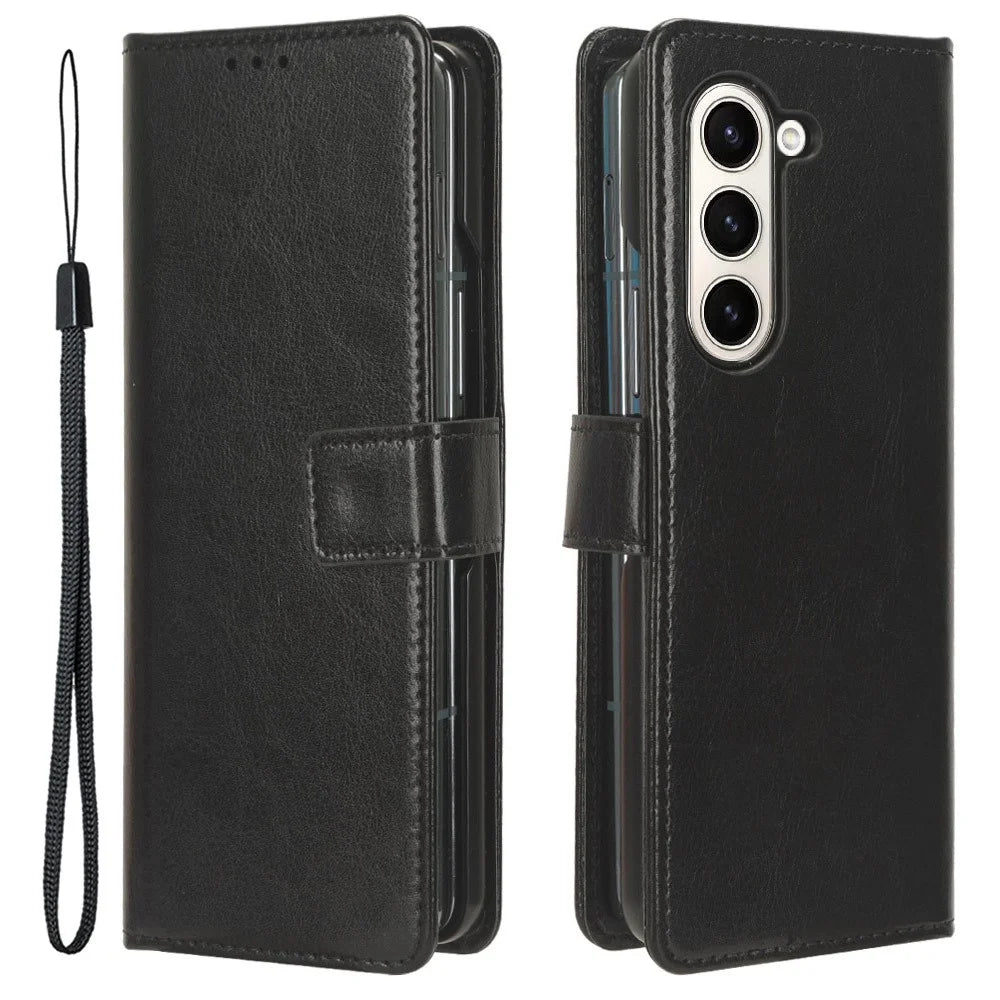 For Samsung Galaxy Z Fold5 5G Card Holder Phone Leather Case Crazy Horse Texture Stand Cover - Black - 1