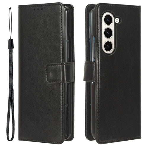 For Samsung Galaxy Z Fold5 5G Card Holder Phone Leather Case Crazy Horse Texture Stand Cover - Black - 1