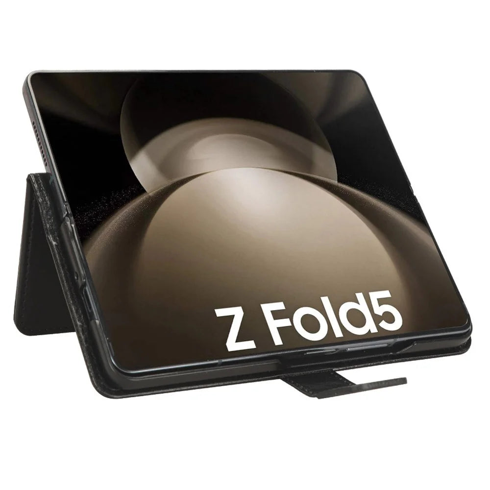 For Samsung Galaxy Z Fold5 5G Card Holder Phone Leather Case Crazy Horse Texture Stand Cover - Black - 3