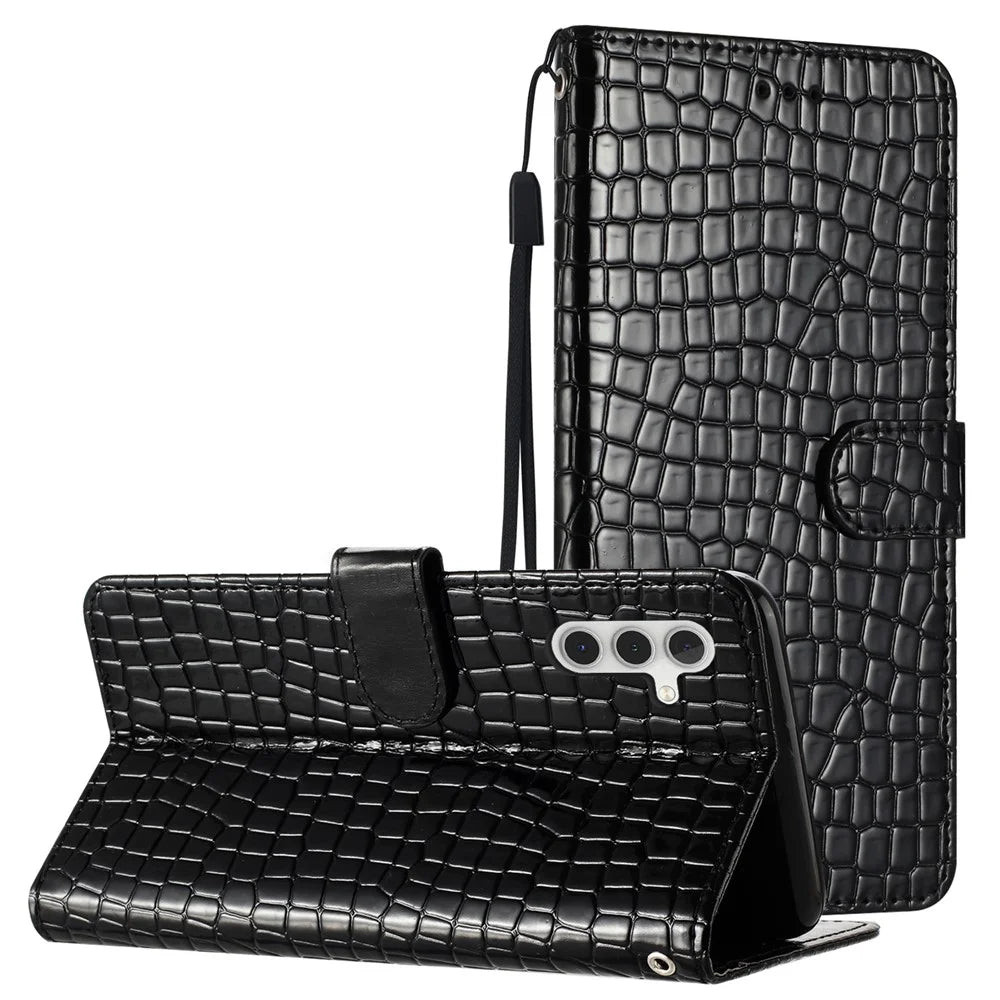 For Samsung Galaxy A54 5G Crocodile Texture Stand Leather Cover Anti-drop Phone Wallet Case with Hand Strap - Black - 7