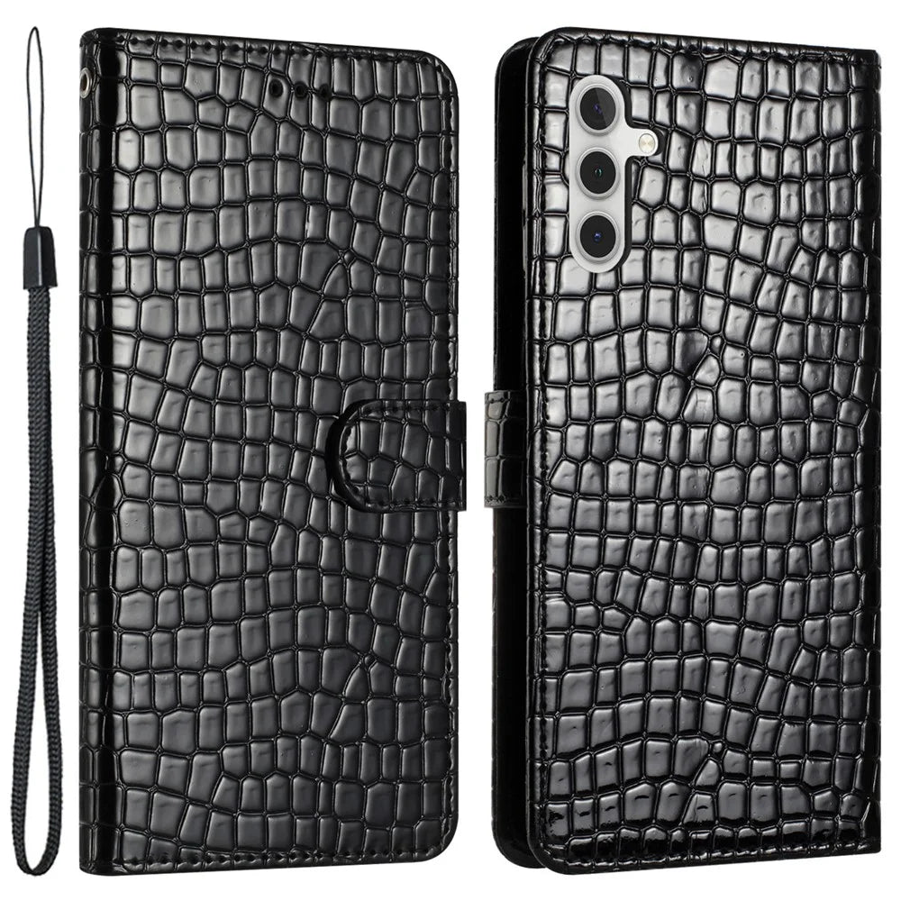 For Samsung Galaxy S23 FE Anti-fall Leather Cover Crocodile Texture Phone Case Stand Wallet with Hand Strap - Black - 1