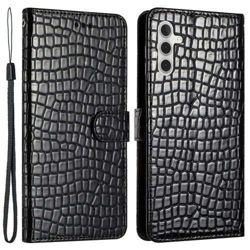 For Samsung Galaxy S23 FE Anti-fall Leather Cover Crocodile Texture Phone Case Stand Wallet with Hand Strap - Black - 1