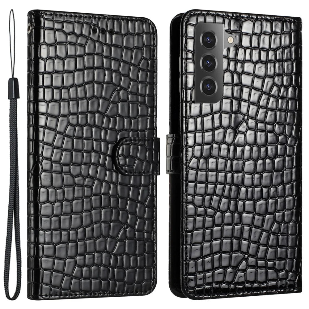 For Samsung Galaxy S22 5G Crocodile Texture Anti-drop Phone Case Leather Cover Stand Wallet with Hand Strap - Black - 1