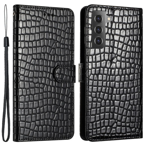 For Samsung Galaxy S22 5G Crocodile Texture Anti-drop Phone Case Leather Cover Stand Wallet with Hand Strap - Black - 1