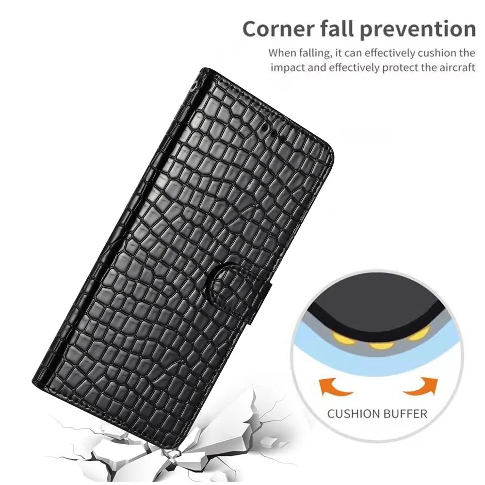 For Samsung Galaxy S22 5G Crocodile Texture Anti-drop Phone Case Leather Cover Stand Wallet with Hand Strap - Black - 4