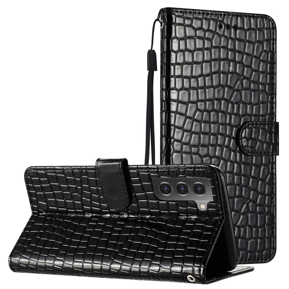 For Samsung Galaxy S22 5G Crocodile Texture Anti-drop Phone Case Leather Cover Stand Wallet with Hand Strap - Black - 7