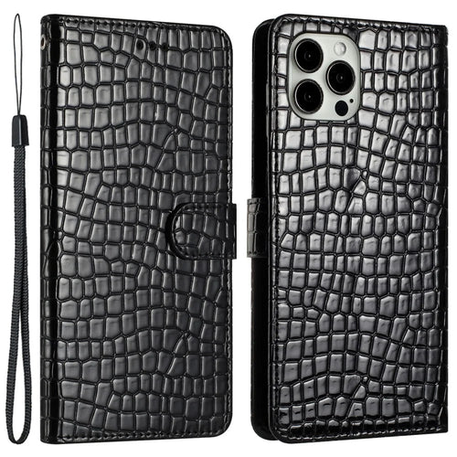For iPhone 13 Pro 6.1 inch Crocodile Texture Fully Wrapped Leather Cover Stand Phone Wallet Case with Hand Strap - Black - 1
