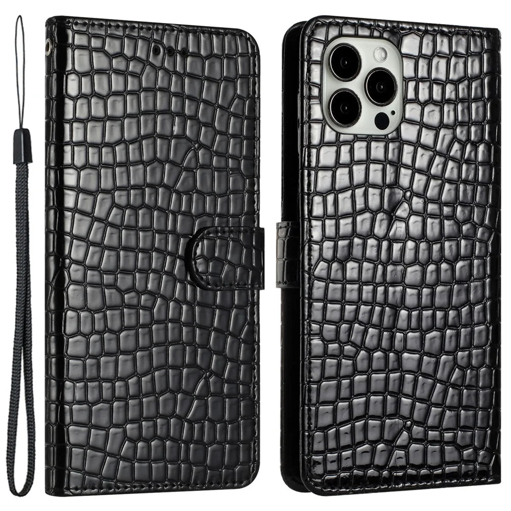 For iPhone 13 Pro 6.1 inch Crocodile Texture Fully Wrapped Leather Cover Stand Phone Wallet Case with Hand Strap - Black - 1