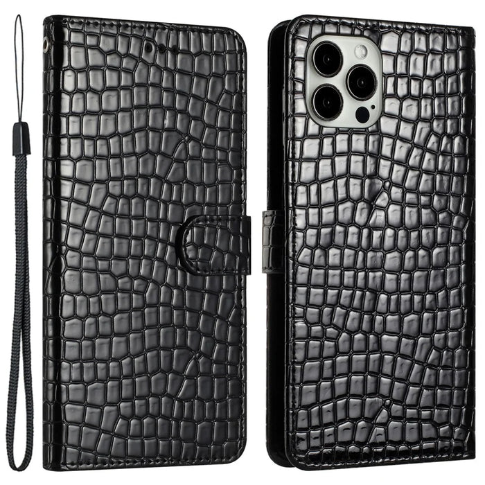 For iPhone 13 Pro 6.1 inch Crocodile Texture Fully Wrapped Leather Cover Stand Phone Wallet Case with Hand Strap - Black - 1