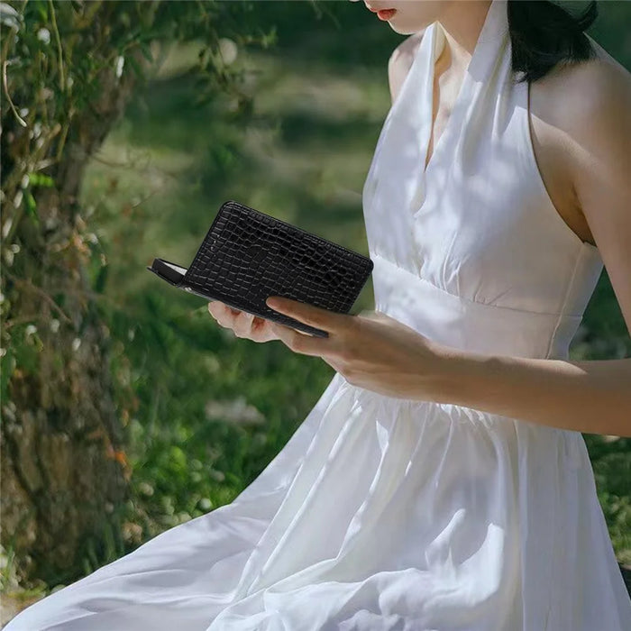 For iPhone 13 Pro 6.1 inch Crocodile Texture Fully Wrapped Leather Cover Stand Phone Wallet Case with Hand Strap - Black - 5