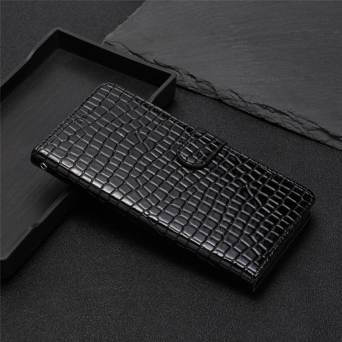 For iPhone 13 Pro 6.1 inch Crocodile Texture Fully Wrapped Leather Cover Stand Phone Wallet Case with Hand Strap - Black - 6