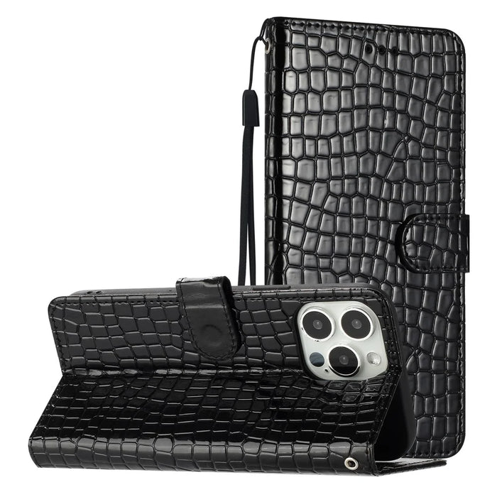 For iPhone 13 Pro 6.1 inch Crocodile Texture Fully Wrapped Leather Cover Stand Phone Wallet Case with Hand Strap - Black - 7