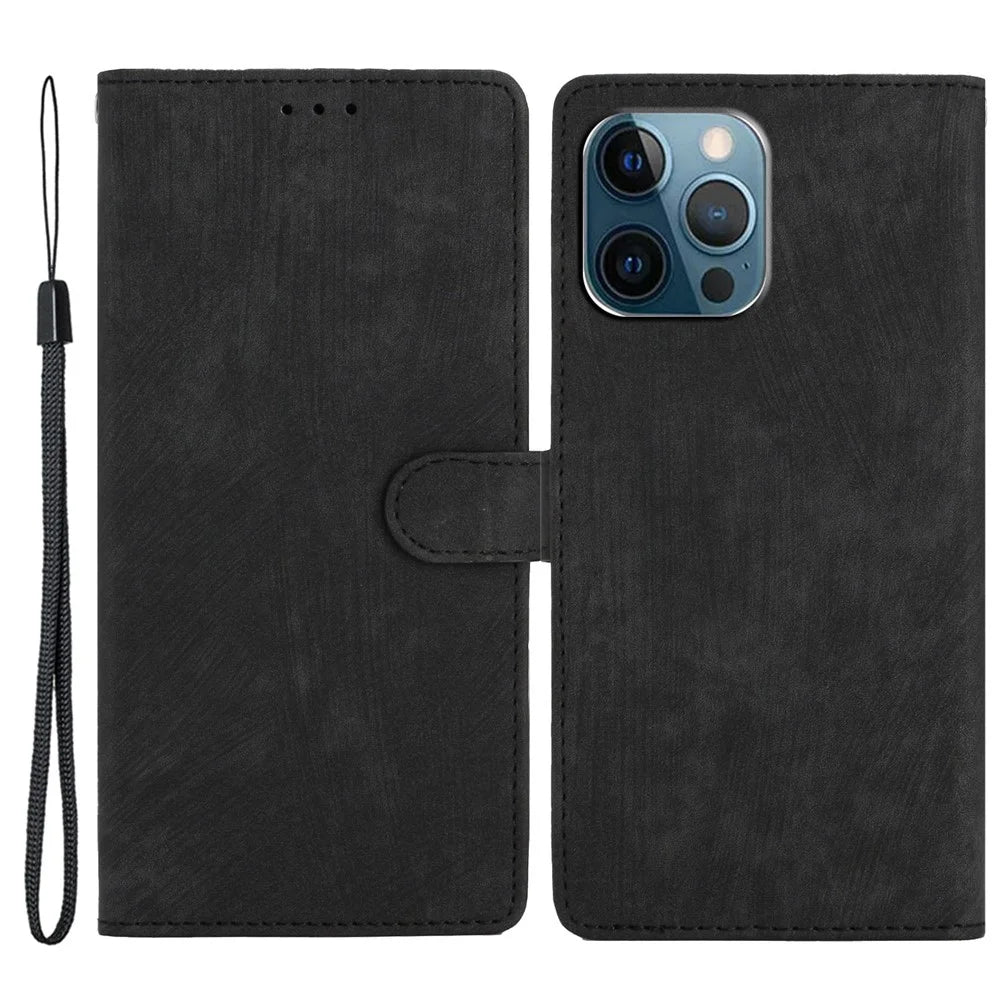 For iPhone 15 Pro Max PU Leather Mobile Phone Case Wallet Stand Skin-touch Phone Cover - Black - 1