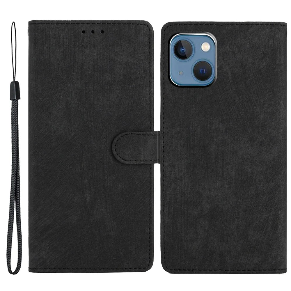 For iPhone 15 Dustproof Phone Cover PU Leather Wallet Slim-Fit Stand Skin-touch Mobile Phone Case - Black - 1