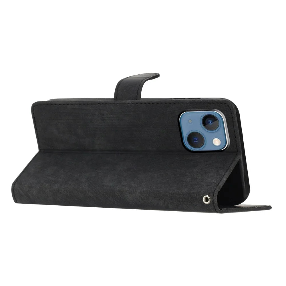 For iPhone 15 Dustproof Phone Cover PU Leather Wallet Slim-Fit Stand Skin-touch Mobile Phone Case - Black - 2