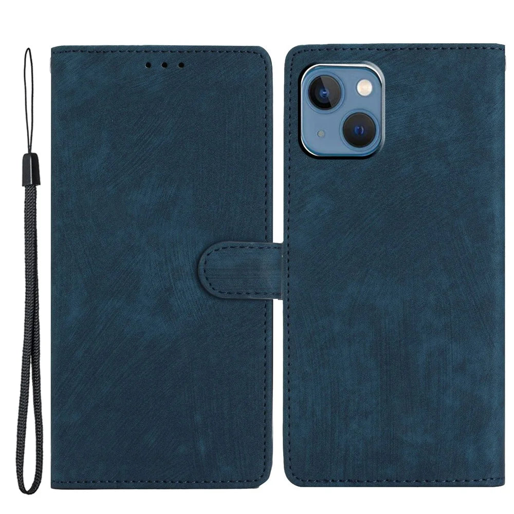 For iPhone 15 Plus Stand Skin-touch Cell Phone Cover PU Leather Wallet Slim-Fit Mobile Phone Case - Blue - 1