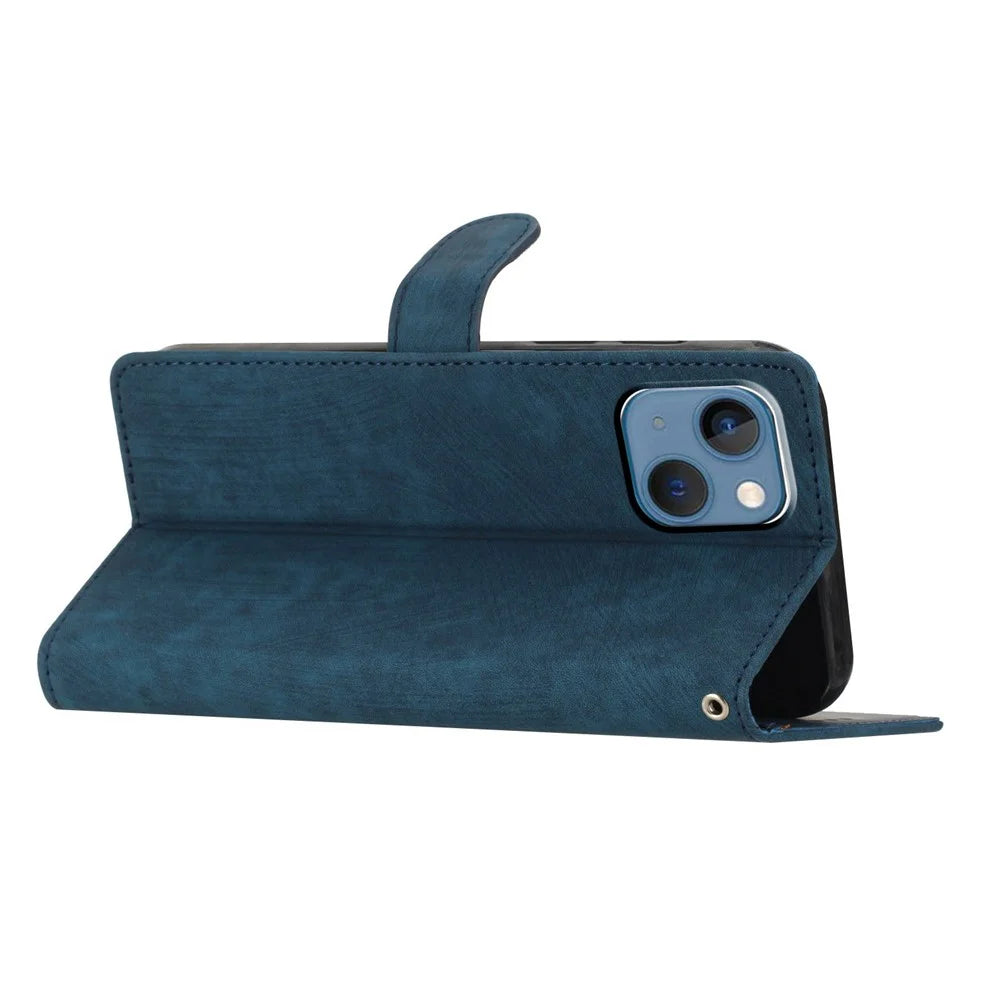 For iPhone 15 Plus Stand Skin-touch Cell Phone Cover PU Leather Wallet Slim-Fit Mobile Phone Case - Blue - 2