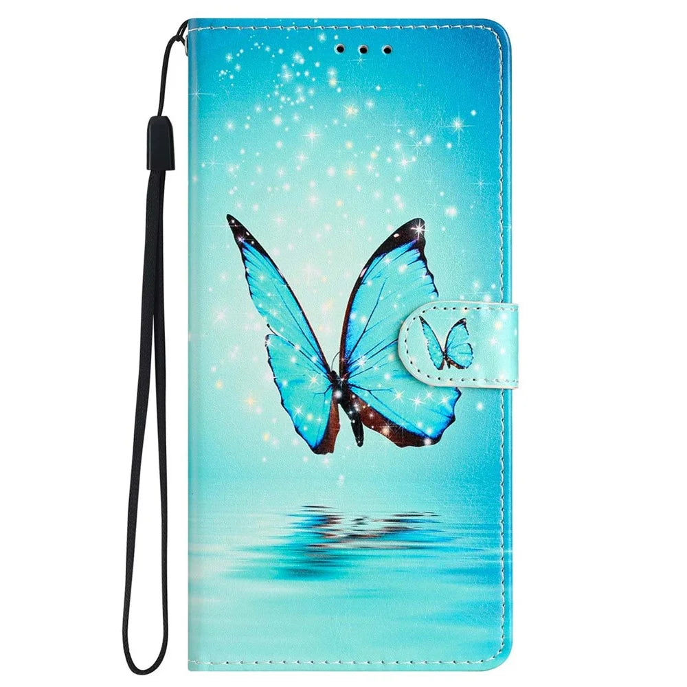 For Samsung Galaxy A25 5G (Global) (161.0 x 76.5 x 8.3mm) PU Leather Pattern Printing Phone Case Stand Flip Wallet Cover with Strap - Blue Butterfly - 6