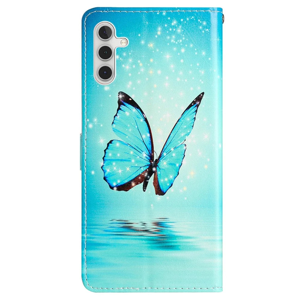 For Samsung Galaxy S23 FE PU Leather Phone Case Wallet Stand Pattern Printing Cover with Strap - Blue Butterfly - 7