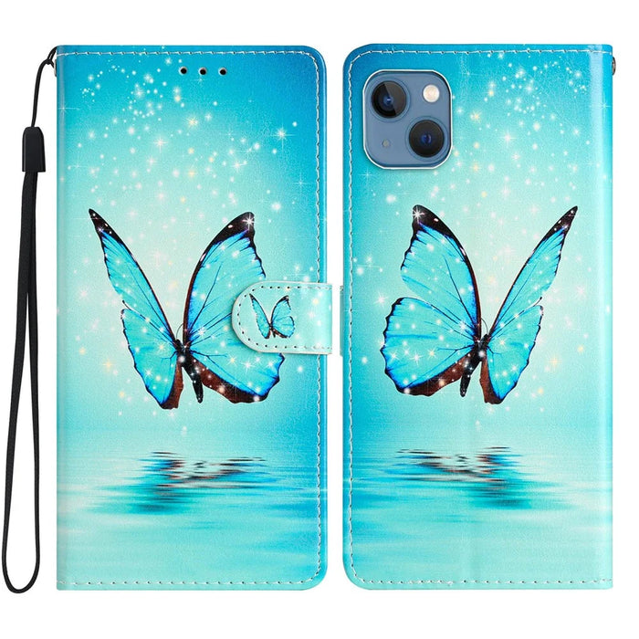For iPhone 15 PU Leather Flip Cover Wallet Stand Pattern Printing Phone Case with Strap - Blue Butterfly - 1