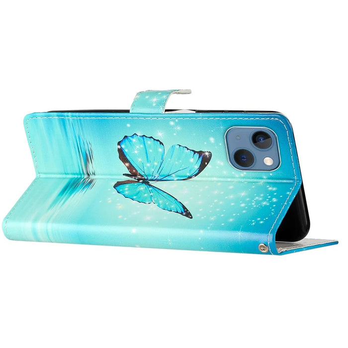 For iPhone 15 PU Leather Flip Cover Wallet Stand Pattern Printing Phone Case with Strap - Blue Butterfly - 3