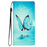For iPhone 15 PU Leather Flip Cover Wallet Stand Pattern Printing Phone Case with Strap - Blue Butterfly - 6