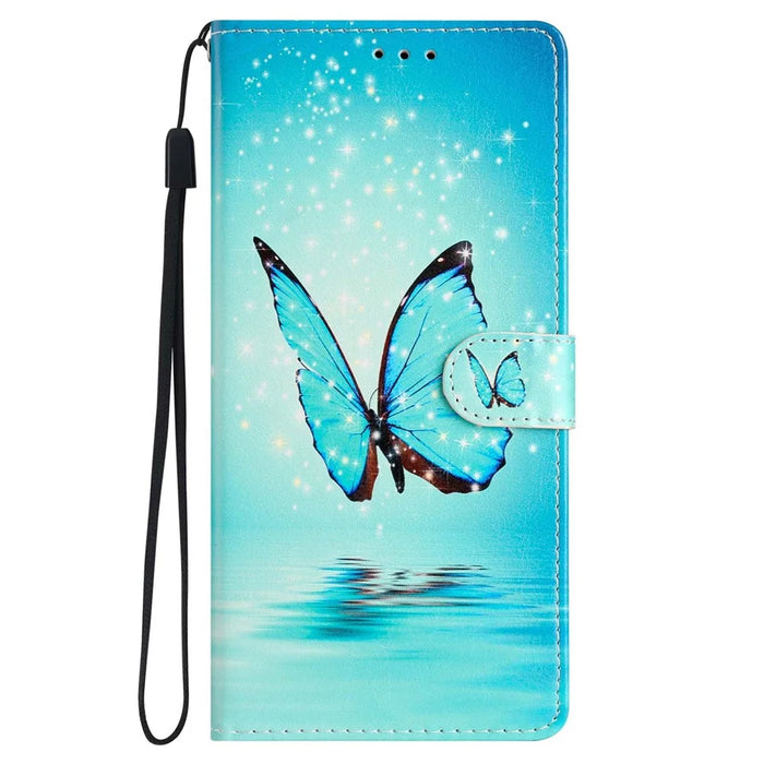 For iPhone 15 PU Leather Flip Cover Wallet Stand Pattern Printing Phone Case with Strap - Blue Butterfly - 6