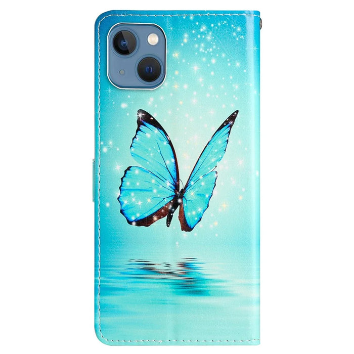 For iPhone 15 PU Leather Flip Cover Wallet Stand Pattern Printing Phone Case with Strap - Blue Butterfly - 7
