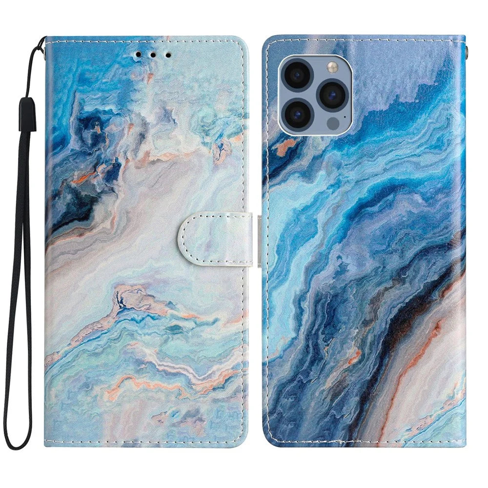 For iPhone 15 Pro Stand Phone Case Pattern Printing PU Leather Wallet Cover with Strap - Blue Marble - 1